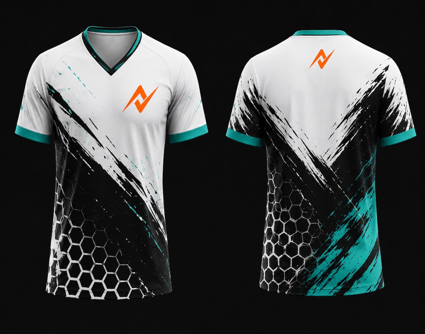 White, black and aqua V-neck esports jersey with hexagonal pattern, front and back mockup featuring chest logo and back neck logo.