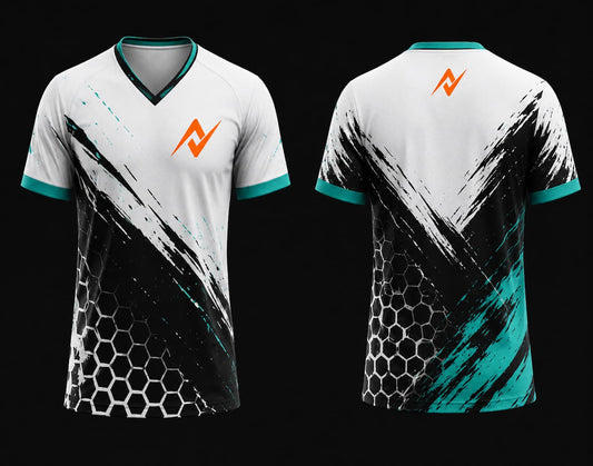 White, black and aqua V-neck esports jersey with hexagonal pattern, front and back mockup featuring chest logo and back neck logo.