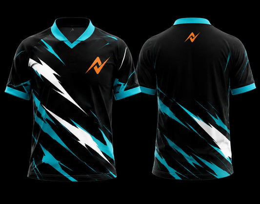 Black and cyan esports jersey with white lightning graphics, orange chest logo, and matching orange back neck logo shown in front and back view.