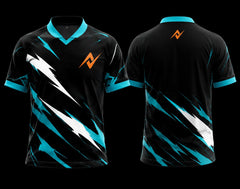 Black and cyan esports jersey with white lightning graphics, orange chest logo, and matching orange back neck logo shown in front and back view.