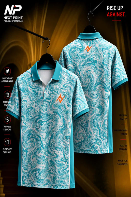 Front and back view of an aqua marble pattern polo sports jersey with premium dry-fit fabric and performance design.