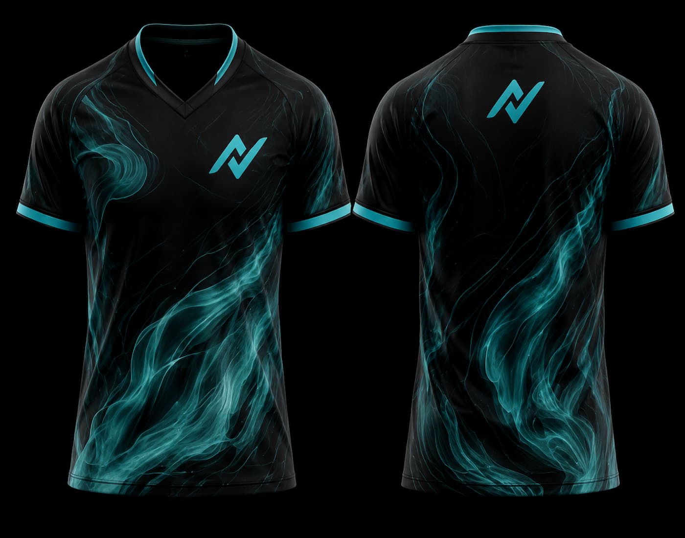 Front and back mockup of a black and cyan V-neck esports jersey featuring flowing smoke graphics, a cyan chest logo, and a matching back neck logo.