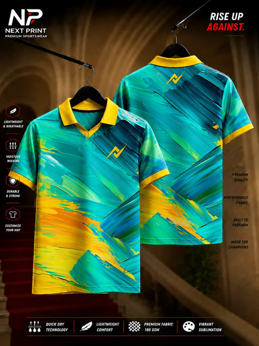 Aqua Splash Performance Polo Sports Jersey featuring teal, aqua, and yellow abstract brush-stroke graphics with front and back views.