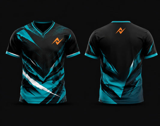 Black and aqua blue V-neck cricket jersey with geometric design featuring chest logo and back neck logo shown in front and back views.