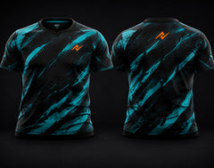Front and back view of Aqua Surge premium esports jersey featuring cyan and black graphics, round neck collar, and professional gaming apparel styling.