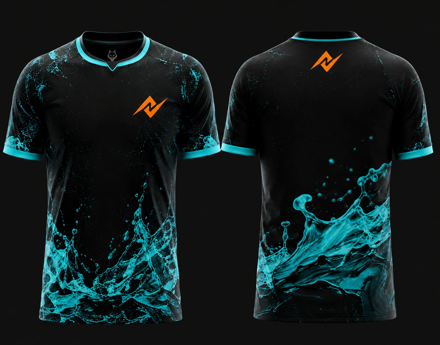 Front and back view of Aqua Surge Free Fire esports jersey featuring black fabric with cyan water splash graphics, round neck collar, and orange logo placement on chest and upper back neck.