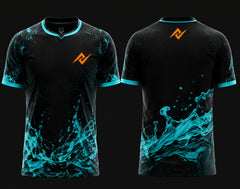 Front and back view of Aqua Surge Free Fire esports jersey featuring black fabric with cyan water splash graphics, round neck collar, and orange logo placement on chest and upper back neck.