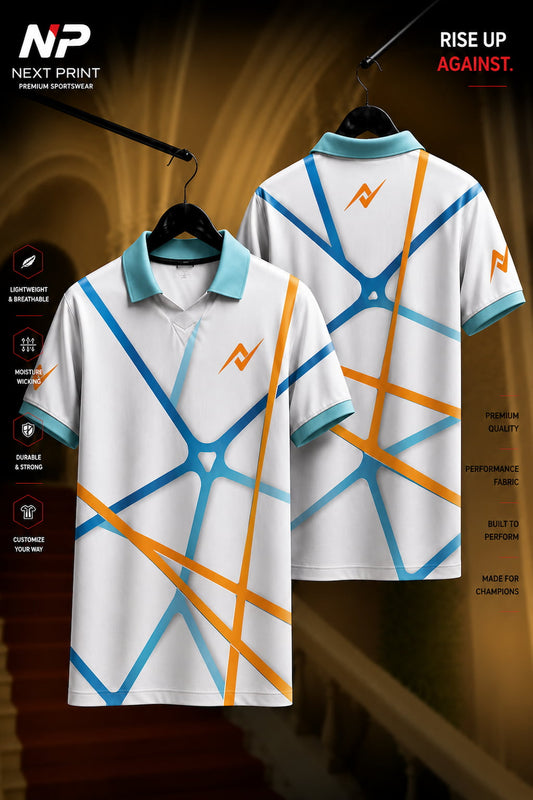White polo sports jersey with aqua blue and orange geometric line graphics shown in front and back views, made from premium dry-fit performance fabric.