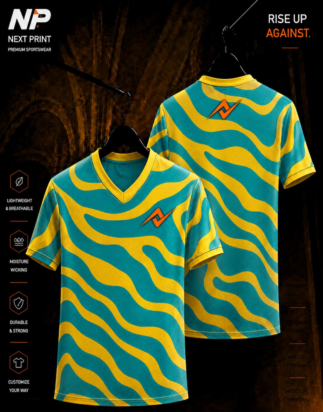 Aqua blue and yellow abstract wave pattern V-neck sublimation sports jersey by Next Print, front and back view