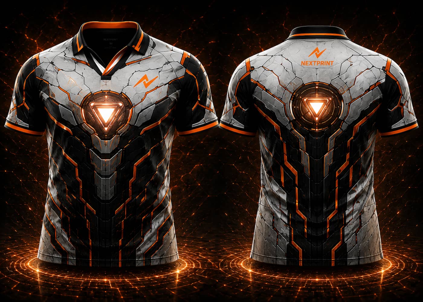 Front and back view of Arc Warden black, white, and orange V-neck esports polo jersey featuring a glowing Ember Reactor Core design with side chest logo and back neck logo placement.