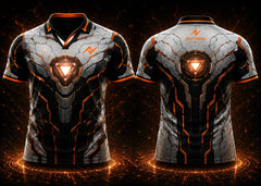 Front and back view of Arc Warden black, white, and orange V-neck esports polo jersey featuring a glowing Ember Reactor Core design with side chest logo and back neck logo placement.