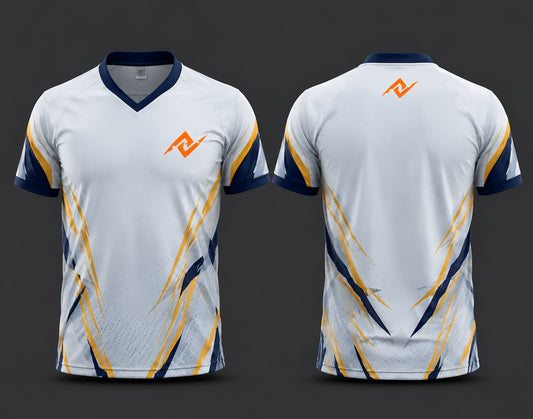Front and back view of a white V-neck cricket jersey with navy blue and gold abstract graphics, featuring an orange chest logo and matching back neck logo.