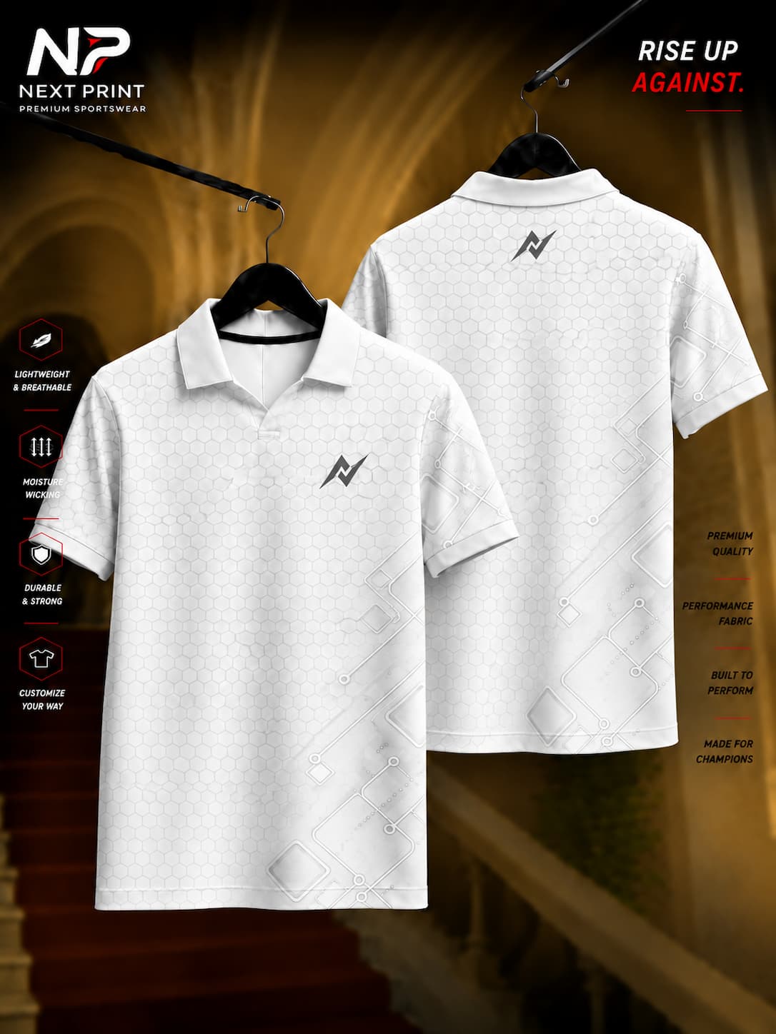 Premium white polo sports jersey featuring a subtle honeycomb texture with geometric circuit graphics, lightweight dry-fit fabric, front and back view.