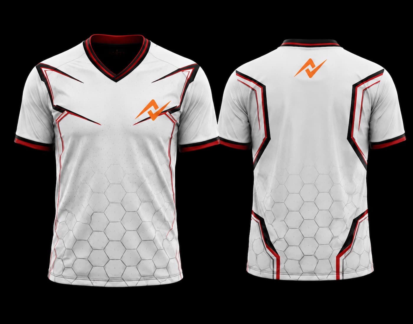 Front and back view of a white V-neck esports jersey featuring black and red geometric accents, a subtle hexagon pattern, and custom logo placement.