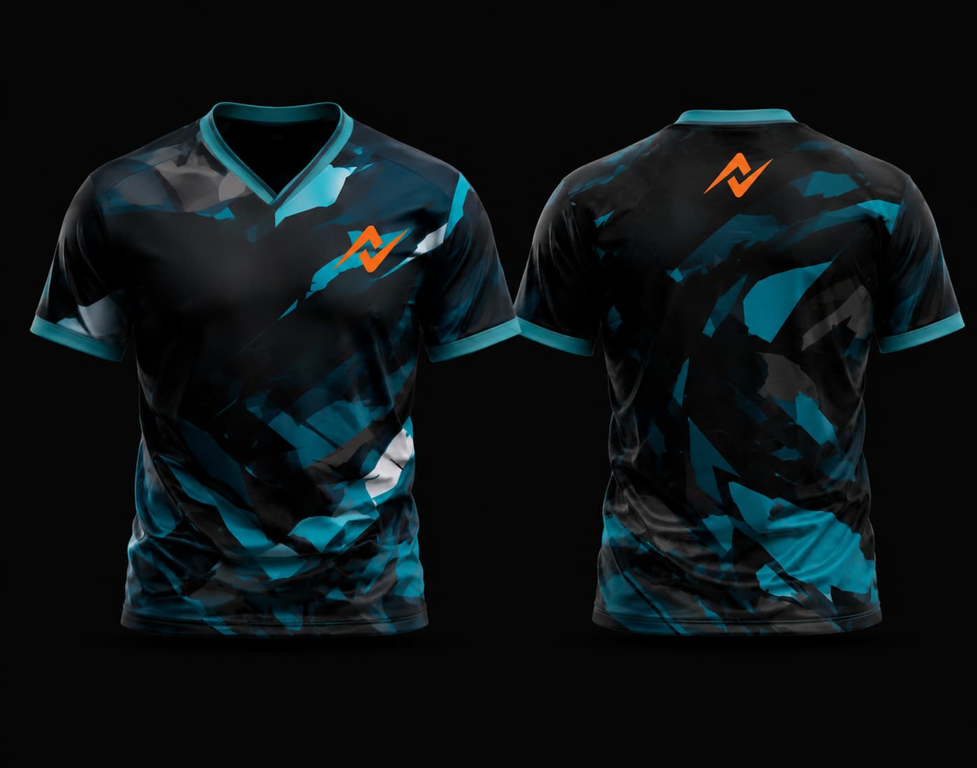 Front and back view of a black, teal, and grey camouflage V-neck cricket jersey featuring a custom chest logo and back neck logo.