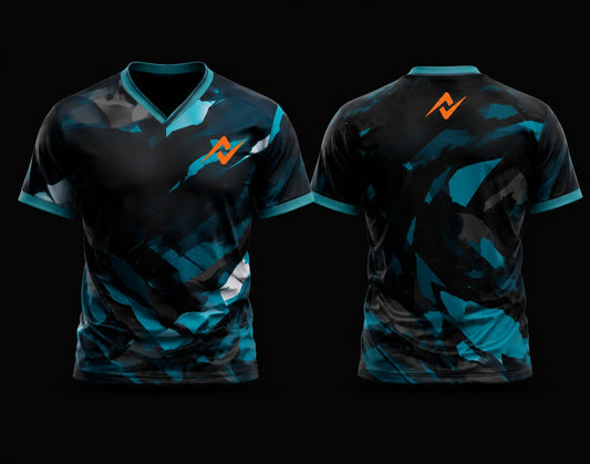 Front and back view of a black, teal, and grey camouflage V-neck cricket jersey featuring a custom chest logo and back neck logo.
