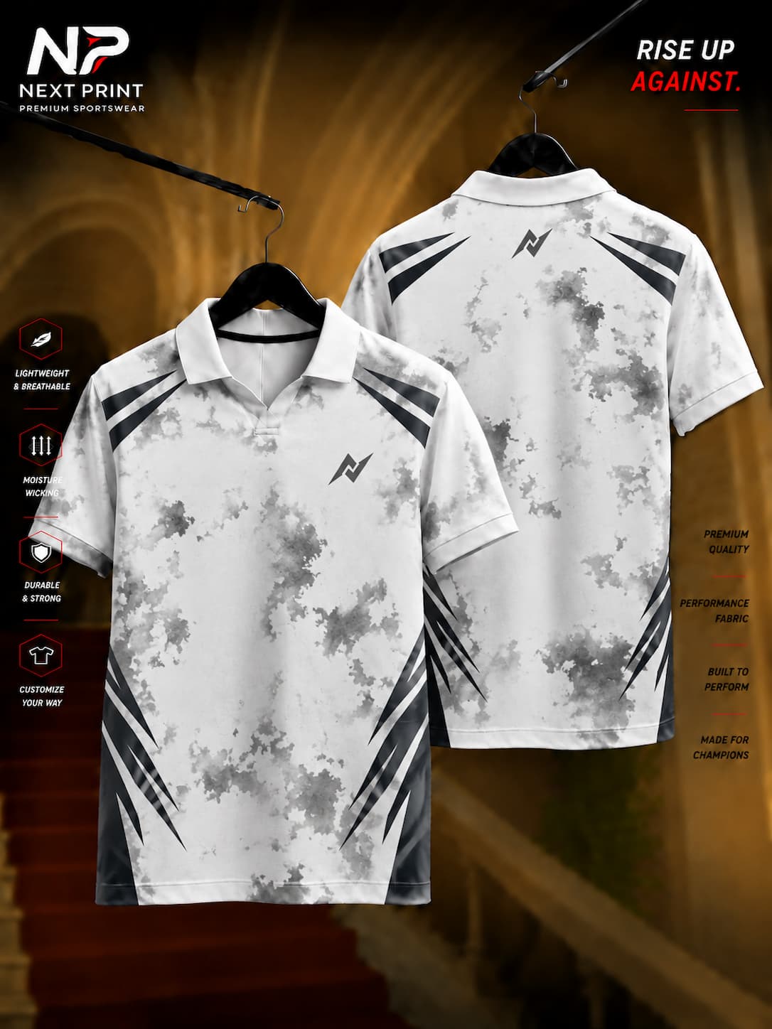 White polo sports jersey with grey marble texture and charcoal geometric accents, premium dry-fit fabric, front and back view.