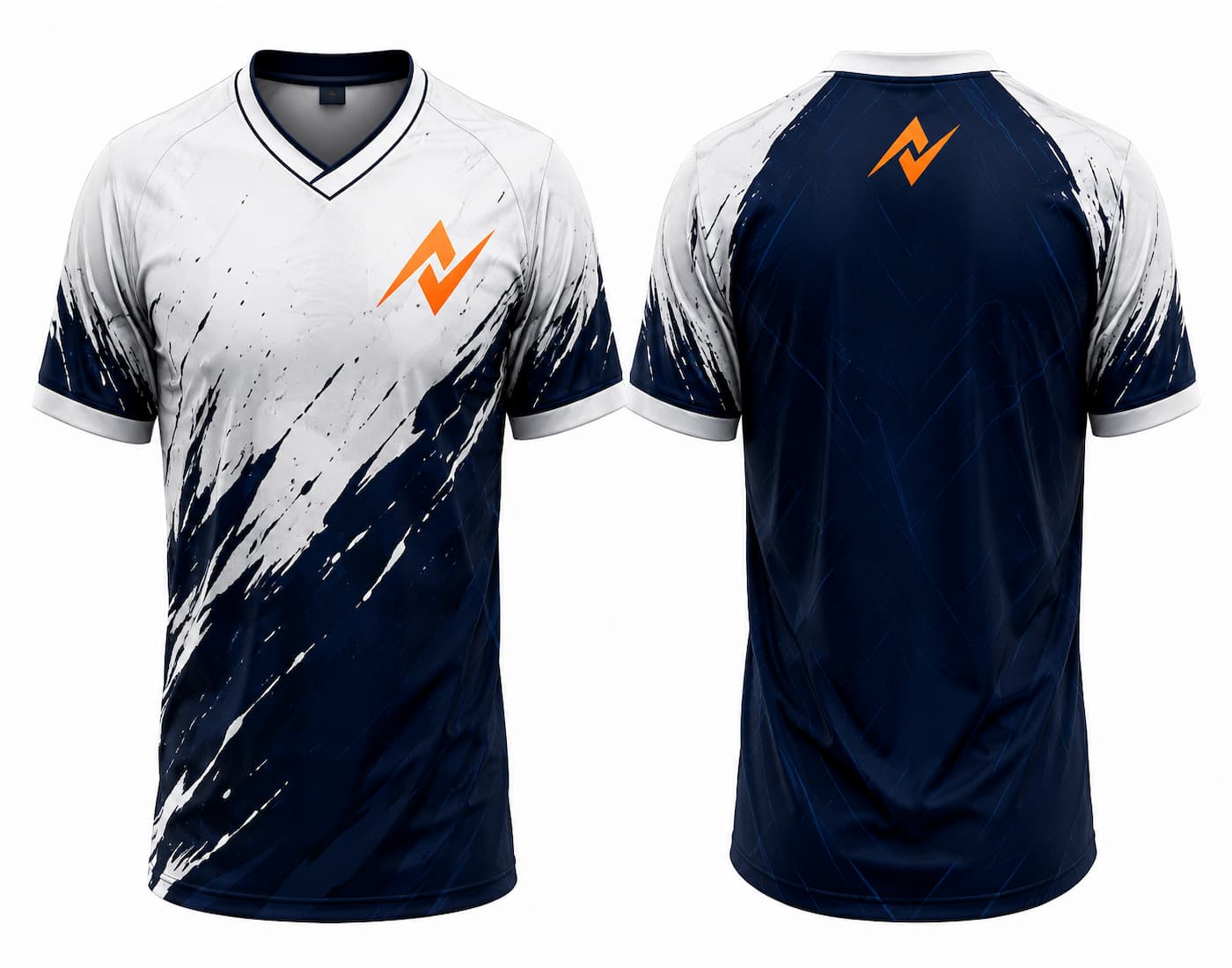 White and navy blue V-neck esports jersey with bold paint-stroke graphics, shown in front and back views for gaming teams.