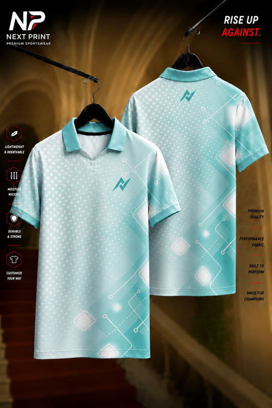 Light aqua blue and white polo sports jersey with digital circuit pattern and dotted graphics shown in front and back views.