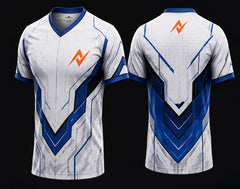 Front and back view of a white and royal blue V-neck esports jersey featuring futuristic geometric graphics with an orange logo on the chest and upper back.