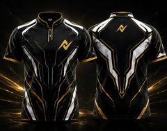 Front and back view of a black, white, and gold Chinese collar esports jersey featuring futuristic armor graphics with a gold chest logo and matching back neck logo.