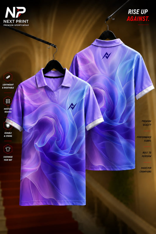 Purple and blue abstract wave pattern polo sports jersey shown in front and back views with premium dry-fit performance fabric.