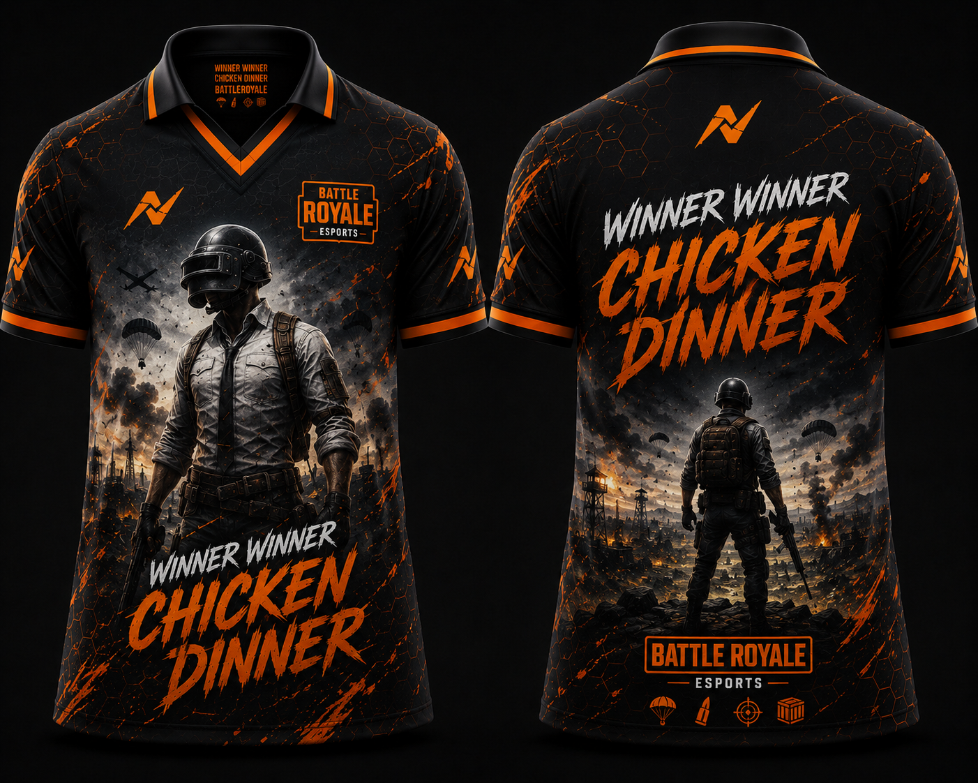 Battle Royale Esports Gaming Jersey | Orange V-Neck Polo Jersey | Custom Name & Number