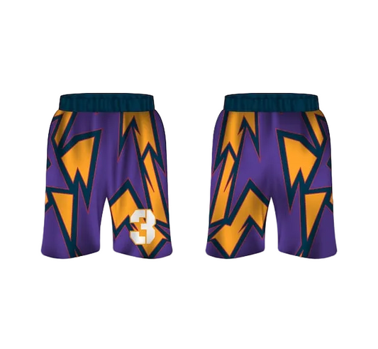 NextPrint Custom Basketball Shorts – Purple Yellow Lightning Design with Personalized Name & Number