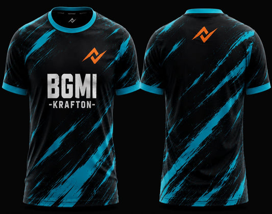 Front and back view of BGMI Arctic Storm black and cyan esports jersey featuring dynamic brush-stroke graphics and a premium round neck gaming design.