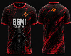 Front and back view of BGMI Crimson Reaper black and red esports jersey featuring a hooded reaper design and premium round neck gaming apparel style.