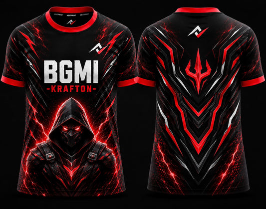 Front and back view of BGMI Crimson Reaper black and red round neck esports jersey featuring a futuristic hooded warrior and cyber energy graphics.