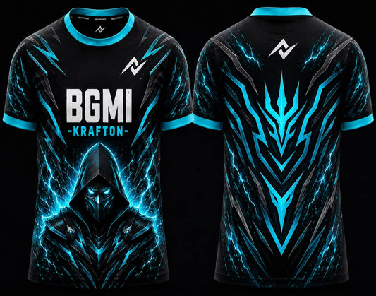 Front and back view of BGMI Frost Phantom black and cyan round neck esports jersey featuring futuristic assassin artwork and icy energy effects.