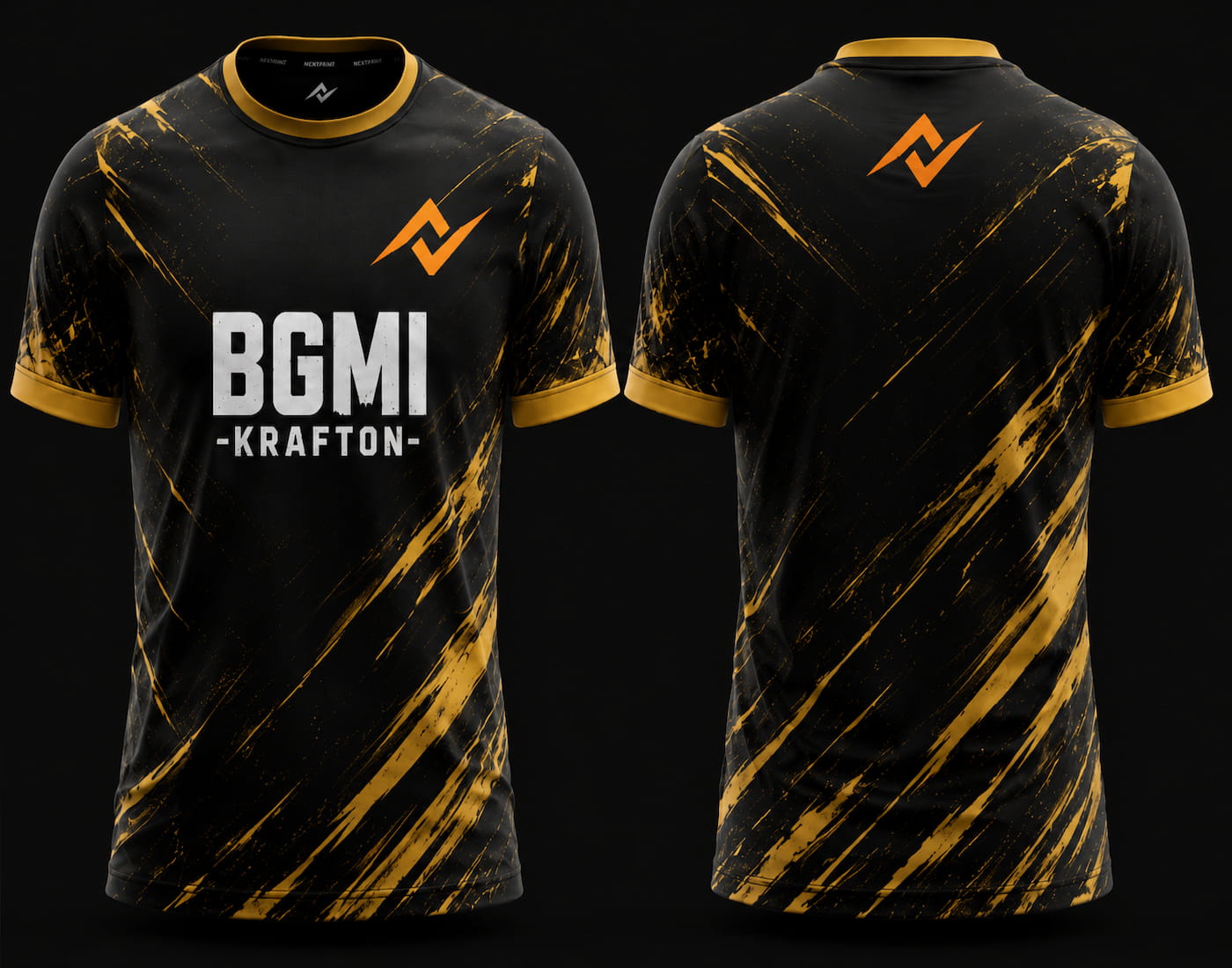Front and back view of BGMI Gold Fury round neck esports jersey featuring black and gold brush stroke graphics with premium gaming design.