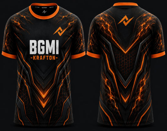 Front and back view of BGMI Inferno Strike black and orange round neck esports jersey with premium gaming design.