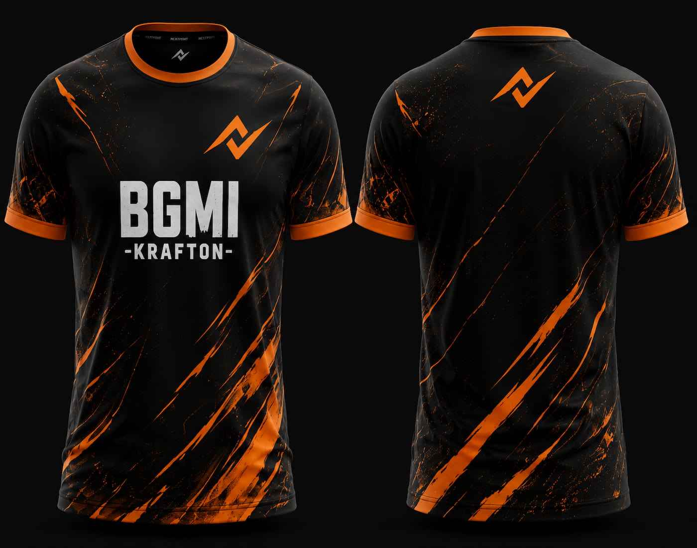 Front and back view of BGMI Inferno Strike round neck esports jersey featuring black and orange graphics with gaming-inspired design.