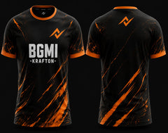 Front and back view of BGMI Inferno Strike round neck esports jersey featuring black and orange graphics with gaming-inspired design.