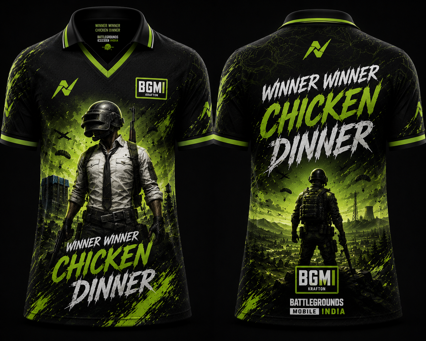 Neon Green BGMI Gaming Jersey with V Neck Polo Collar Front and Back Custom Esports Team Jersey by NextPrint