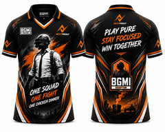 Black and cyan BGMI esports jersey featuring an orange NextPrint logo, battleground soldier artwork, V-neck polo collar, and professional front and back gaming graphics.