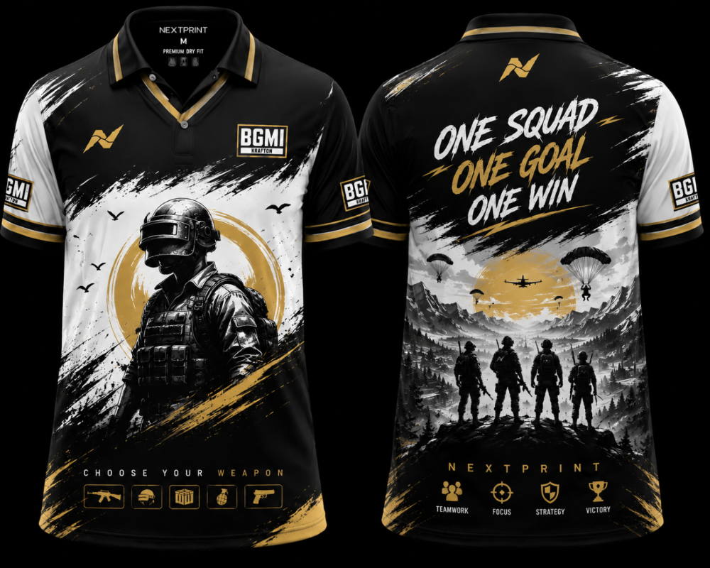 Black, white and gold BGMI esports jersey with battle royale soldier artwork and One Squad One Goal slogan on front and back design.
