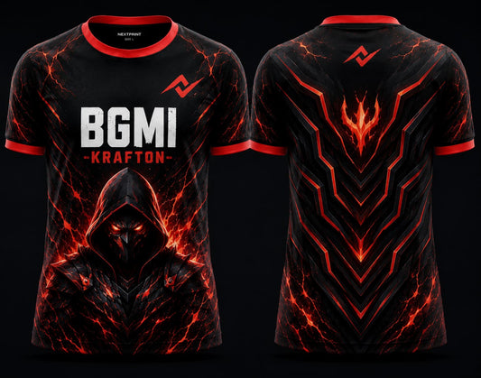 Front and back view of BGMI Phantom Dominator purple and black round neck esports jersey featuring a futuristic phantom warrior design.