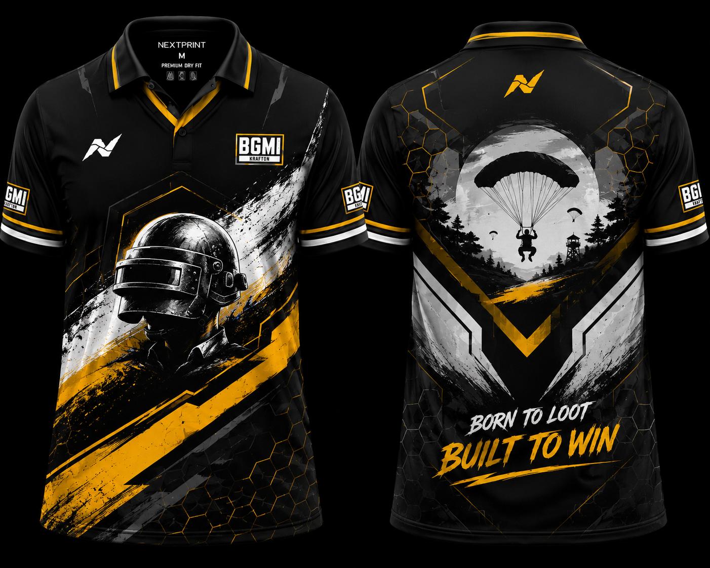 BGMI Phantom Drop Black Gold Esports Jersey Front and Back V Neck Polo by NextPrint