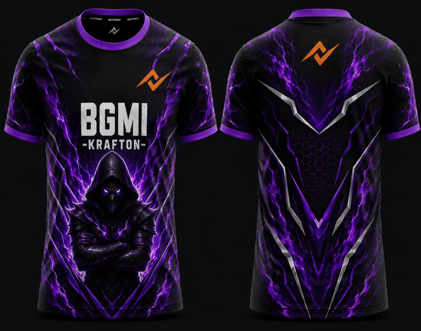 Front and back view of BGMI Phantom Vortex black and purple esports jersey featuring a hooded phantom character with futuristic energy graphics and round neck design.