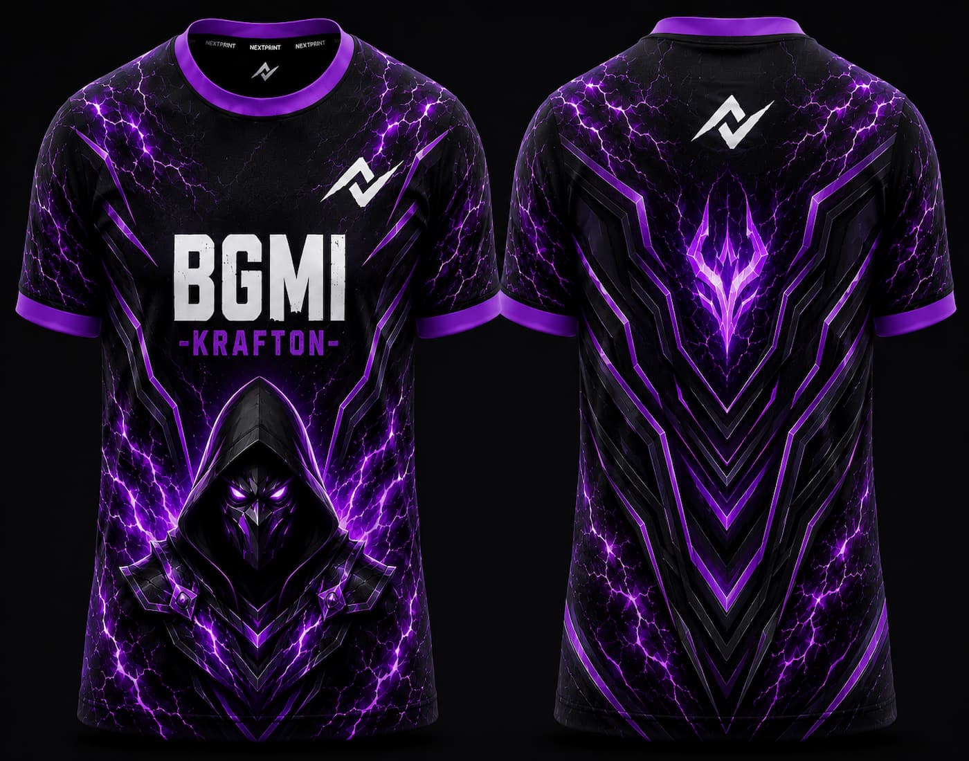 Front and back view of BGMI Phantom Vortex black and purple round neck esports jersey featuring futuristic phantom warrior artwork and energy patterns.