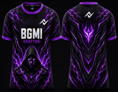 Front and back view of BGMI Phantom Vortex black and purple round neck esports jersey featuring futuristic phantom warrior artwork and energy patterns.