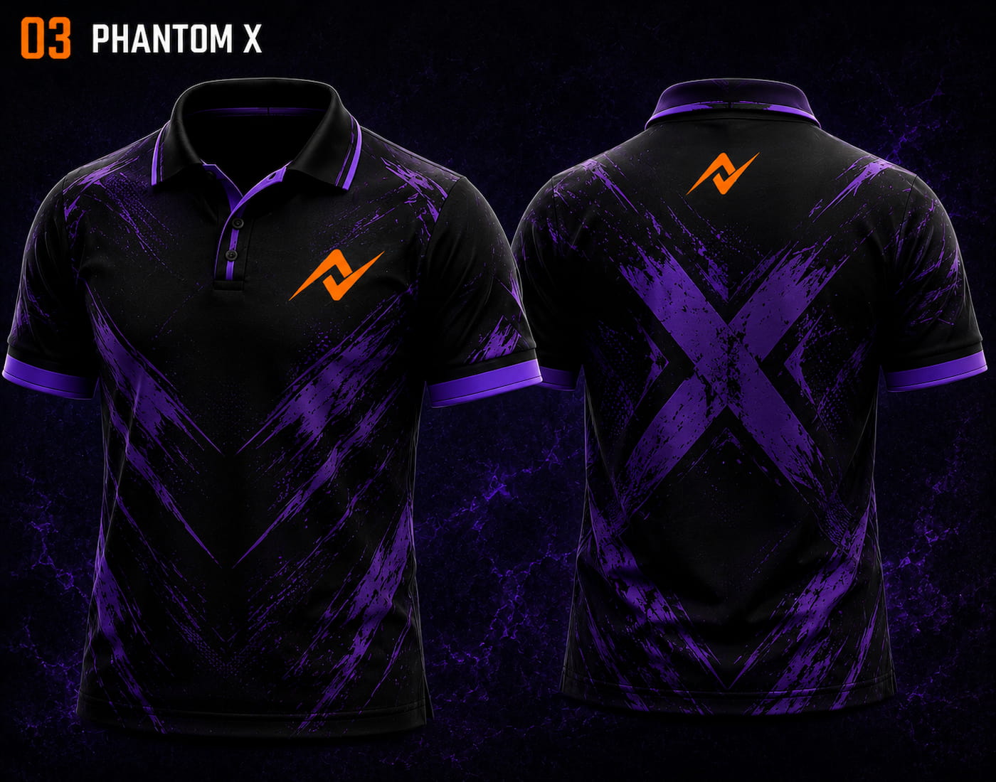 Front and back view of BGMI Polo Collar Esports Jersey Design No.3 Phantom X Edition featuring a black and purple esports design with custom orange logo placement on the side chest and below the back collar.