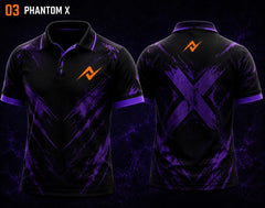 Front and back view of BGMI Polo Collar Esports Jersey Design No.3 Phantom X Edition featuring a black and purple esports design with custom orange logo placement on the side chest and below the back collar.