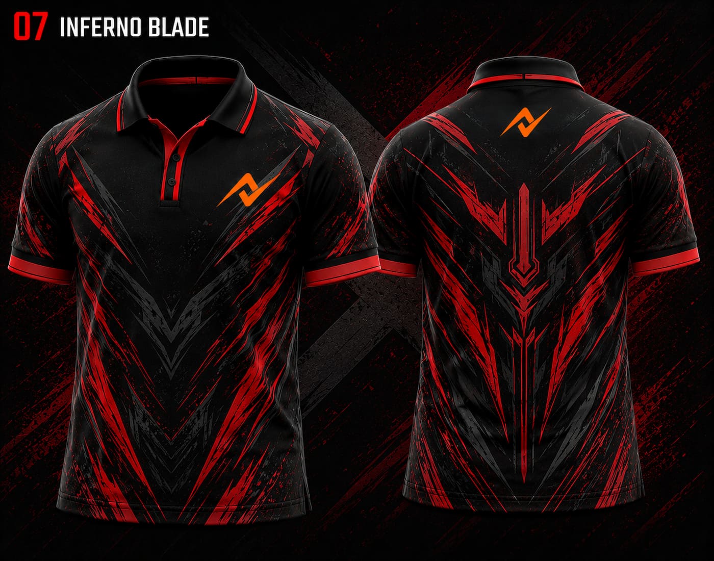 Front and back view of BGMI Polo Collar Esports Jersey Design No.7 Inferno Blade Edition featuring a black and crimson red blade-themed esports design with orange logo placement on the side chest and below the back collar.