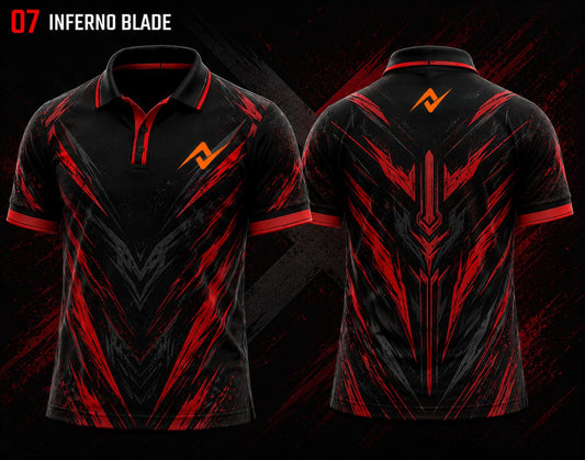 Front and back view of BGMI Polo Collar Esports Jersey Design No.7 Inferno Blade Edition featuring a black and crimson red blade-themed esports design with orange logo placement on the side chest and below the back collar.