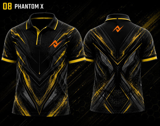 Front and back view of BGMI Polo Collar Esports Jersey Design No.8 Phantom X Gold Edition featuring a premium black and gold esports design with orange logo placement on the side chest and below the back collar.


