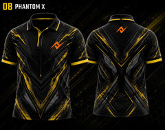 Front and back view of BGMI Polo Collar Esports Jersey Design No.8 Phantom X Gold Edition featuring a premium black and gold esports design with orange logo placement on the side chest and below the back collar.

